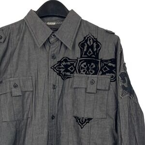 ROAR Reiner Embroidered Button Up Shirt Mens M Black Distressed Y2K Grunge Rock